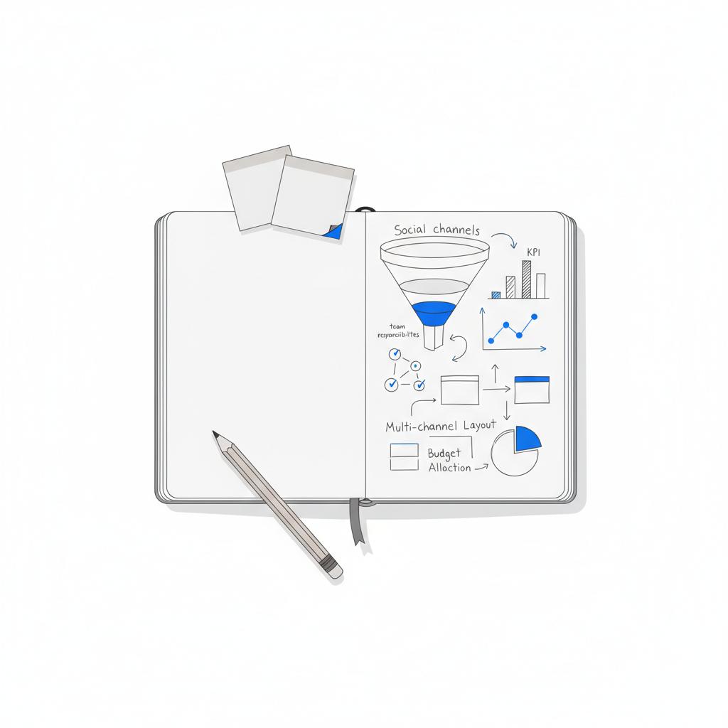 Minimal 2D vector top-down desk with notebook of hand-sketched social channels funnel and KPI diagrams, pencil and sticky notes in Agency Visible colors for social media agency