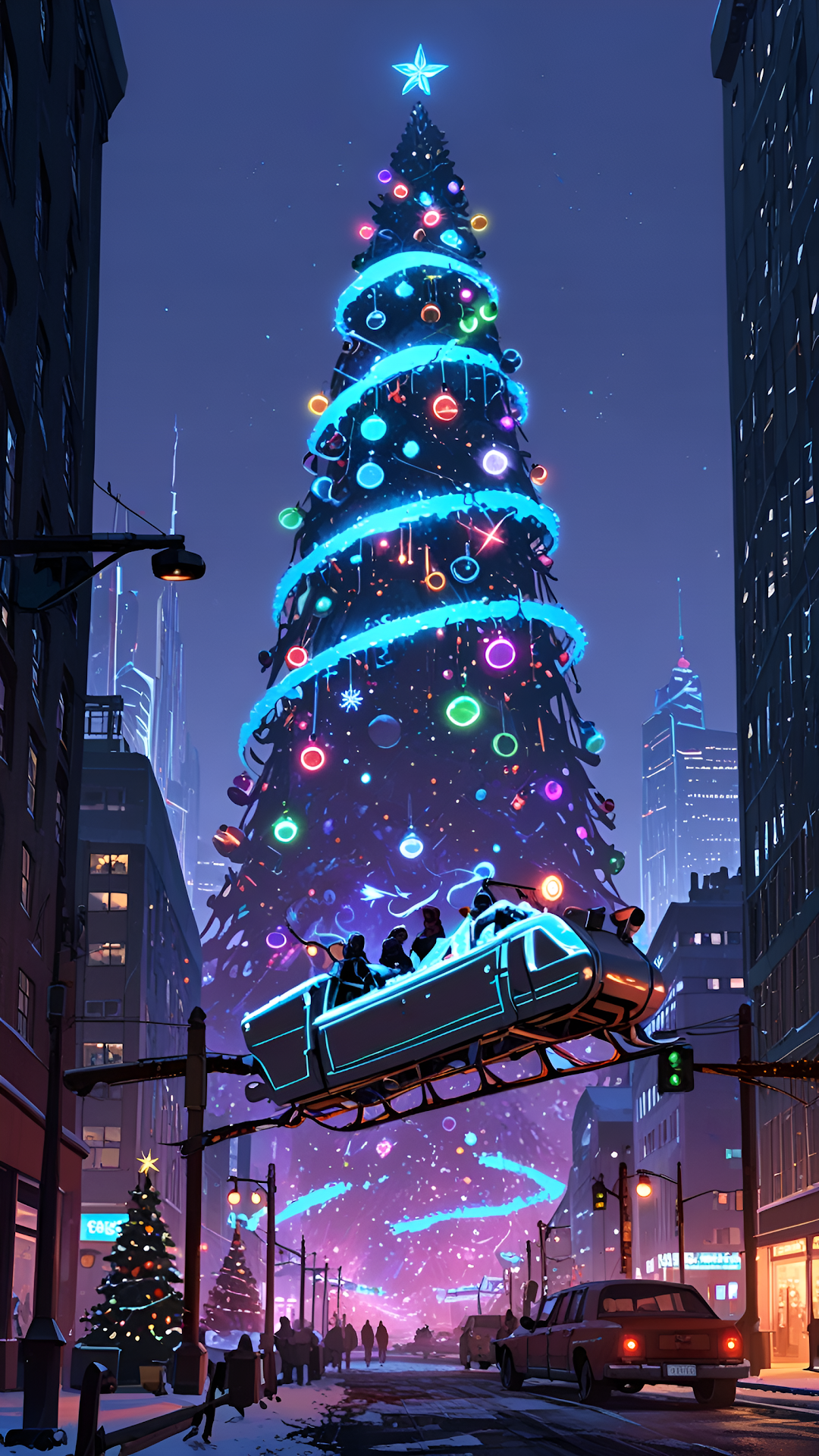 Futuristic Christmas Tree with Neon Lights in Cyber City - Free 4K mobile Wallpaper