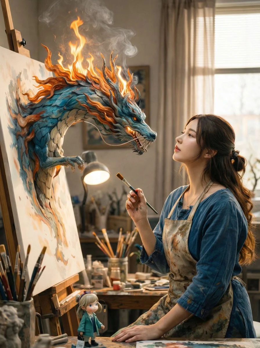 Una escena fantástica, digna de una película, ambientada en el interior de un acogedor estudio de artista.
