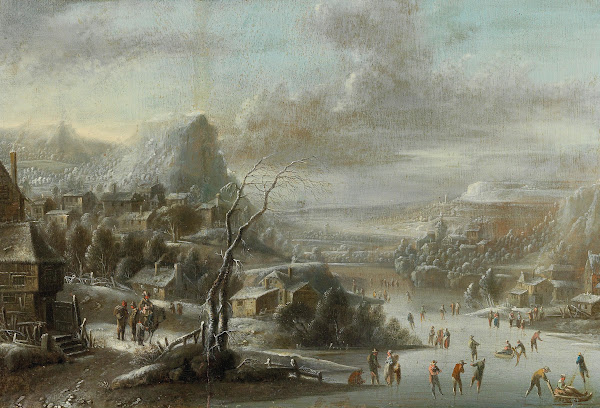 A winter landscape with skaters on a frozen river