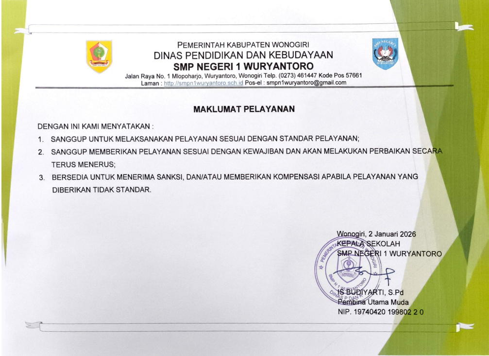 Maklumat Pelayanan Resmi SMP Negeri 1 Wuryantoro