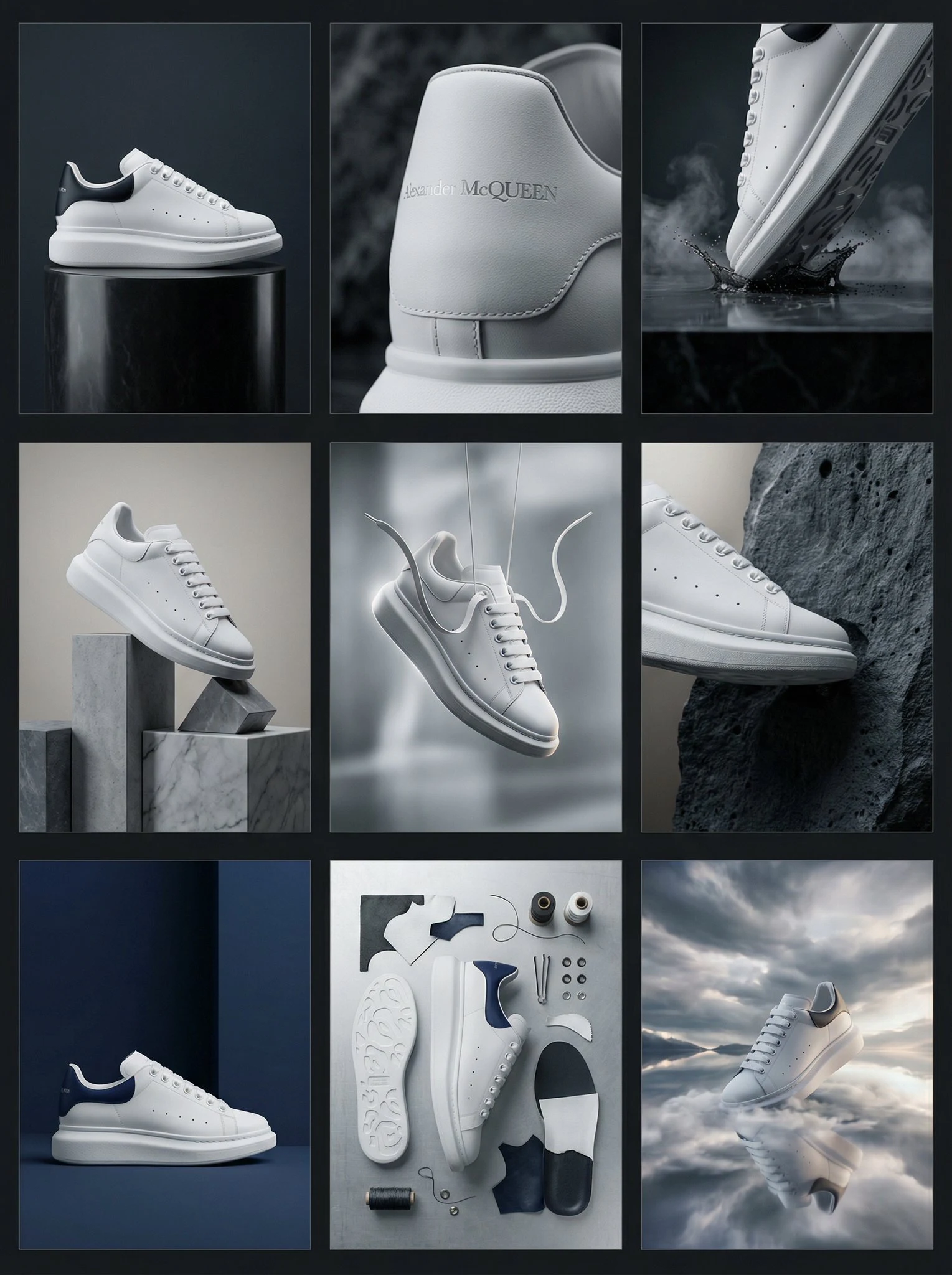Crea una cuadrícula de 3x3 para una campaña de marketing comercial de alta gama utilizando las zapatillas de lujo para hombre de Alexander McQueen como tema central.