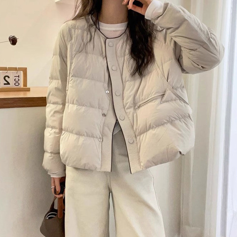 Women's down jacket with round neckline and button placket