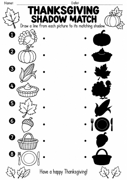 Thanksgiving Shadow Match Worksheet