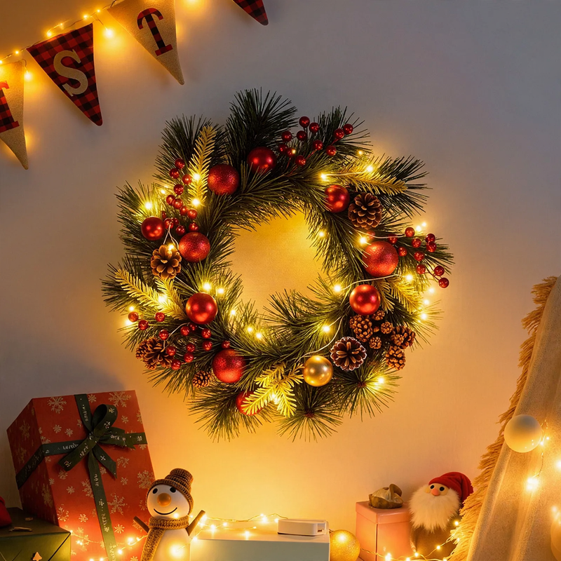 Decorative Christmas wreath with pine needles and pine branches