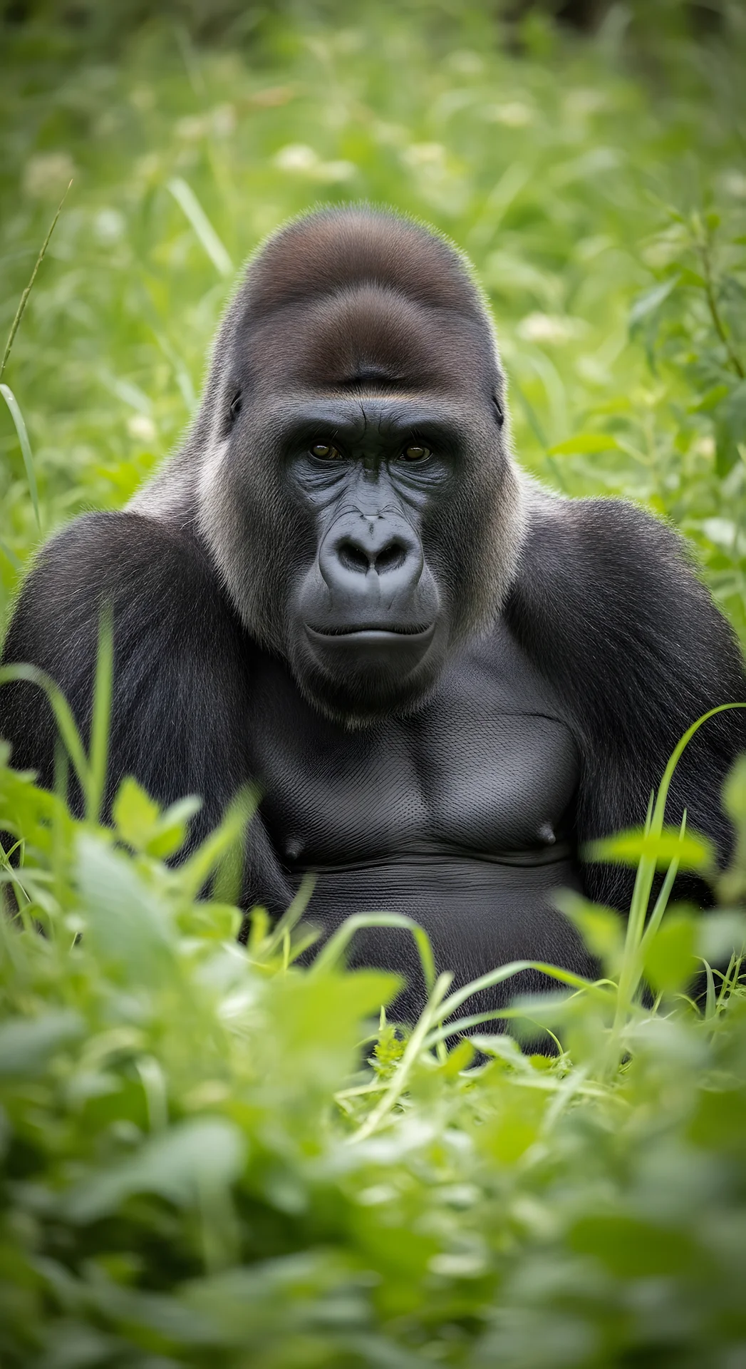 Intimate Wildlife Portrait of a Lowland Gorilla Sitting in Tall Green Grass - Free 4K mobile Wallpaper