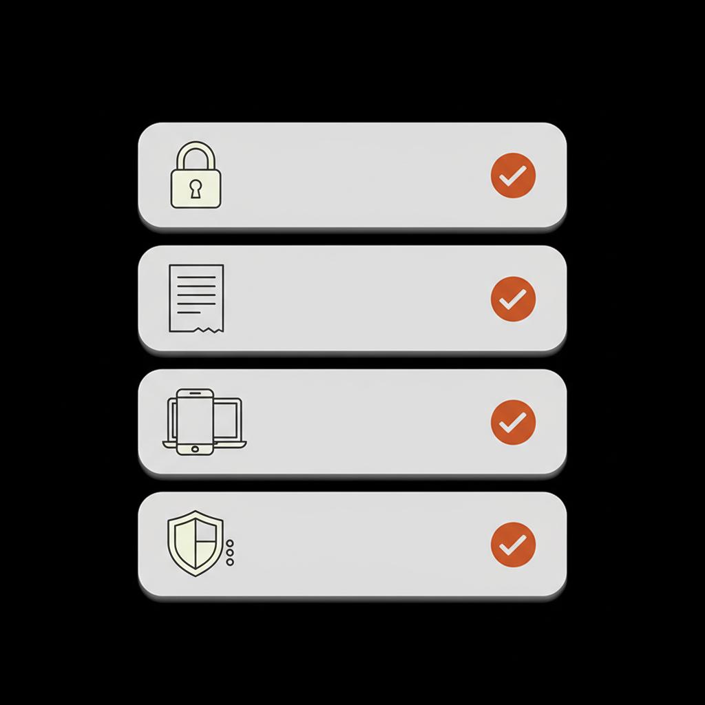 Minimal 2D vector checklist infographic with icons for password, receipt, devices, and 2-step verification on black background illustrating steps to recover Gmail without phone.