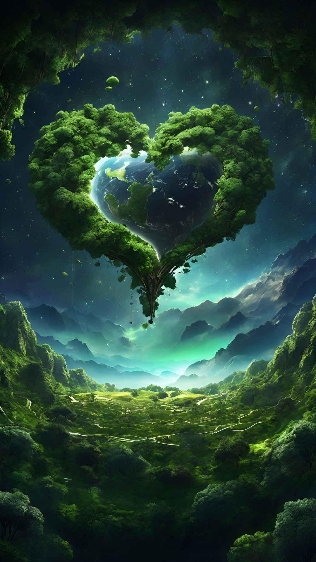 Heart-Shaped Forest Embracing Earth Against Starry Sky - Free 4K mobile Wallpaper