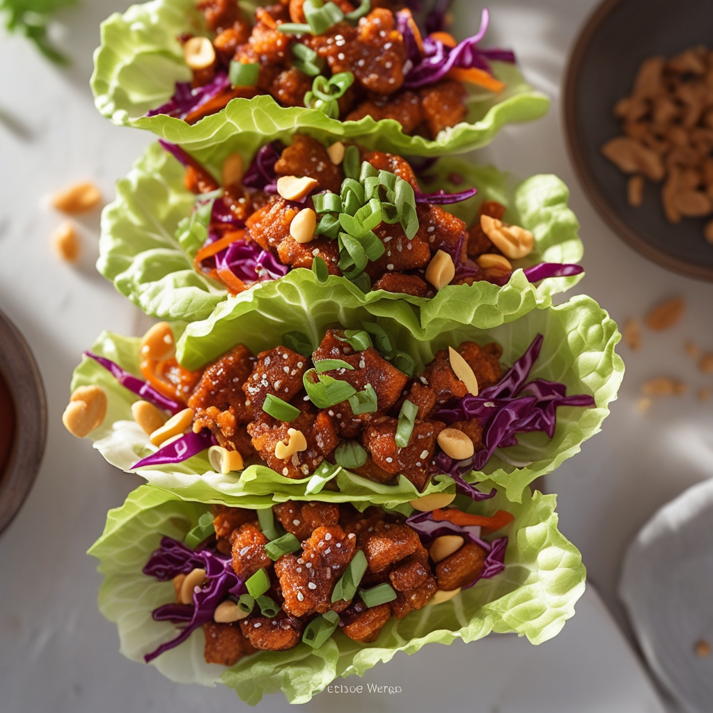 Korean Gochujang Tempeh Lettuce Wraps with Crunchy Slaw & Peanut Sprinkle