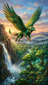Mythical Griffin Flying Over Enchanted Forest and Waterfall