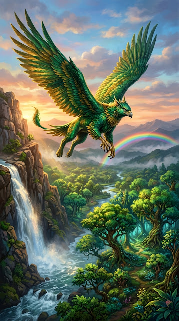 Mythical Griffin Flying Over Enchanted Forest and Waterfall - Free mobile Wallpaper