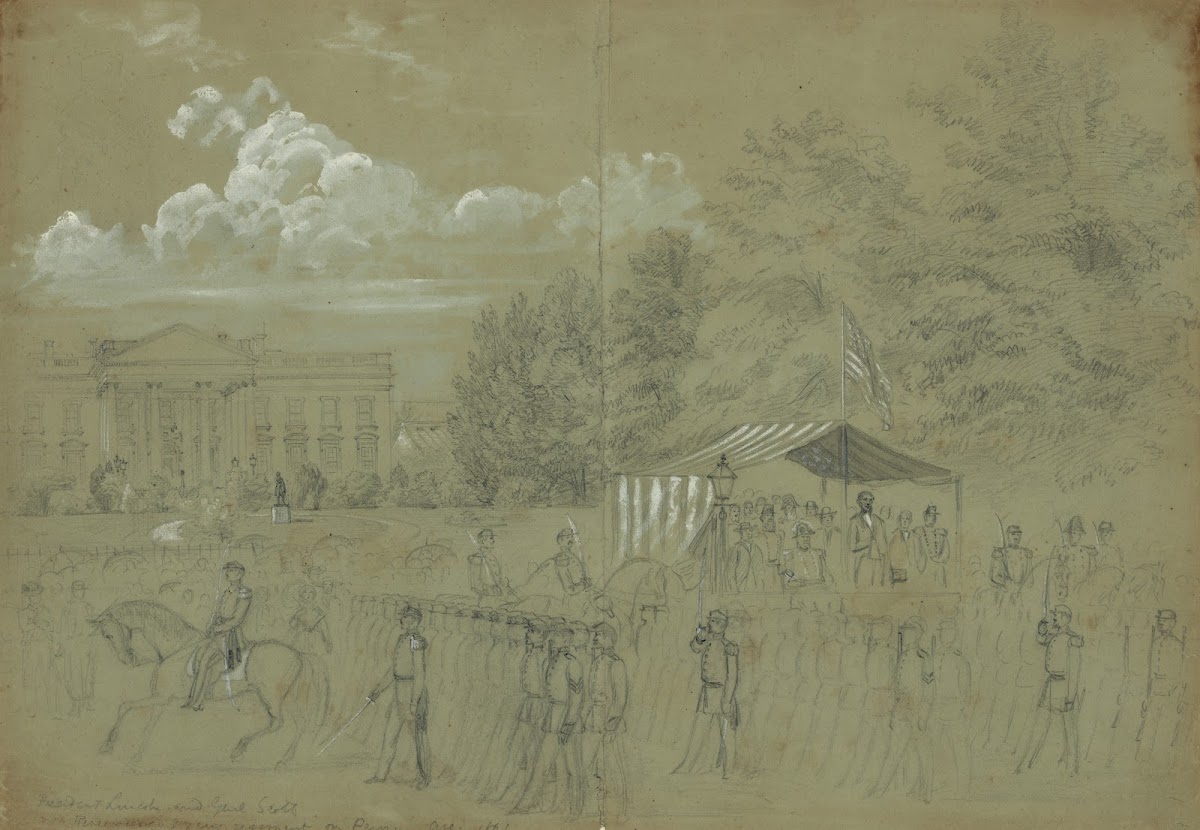 President Lincoln and Genl Scott Reviewing 3 years regiment on Penn Ave 1861