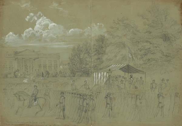 President Lincoln and Genl Scott Reviewing 3 years regiment on Penn Ave 1861