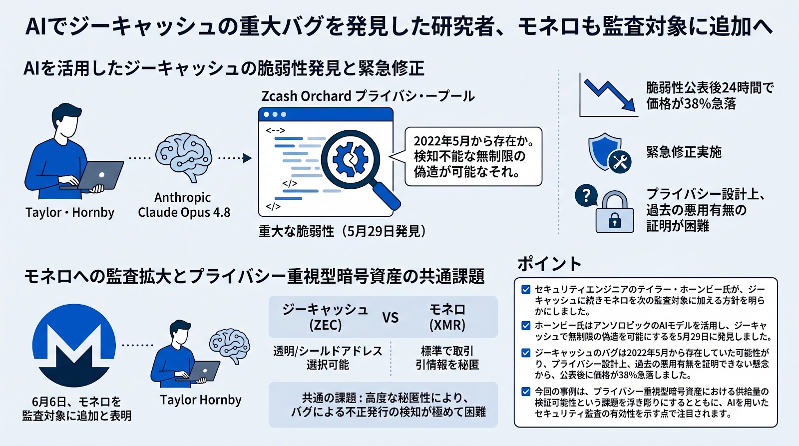 AIでジーキャッシュの重大バグを発見した研究者、モネロも監査対象に追加へ