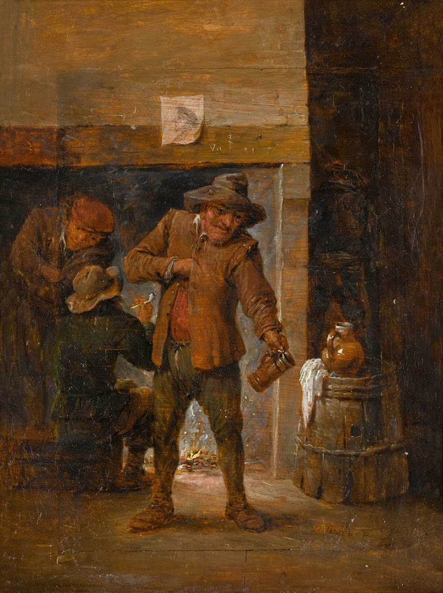 Tavern interior with menat a hearth