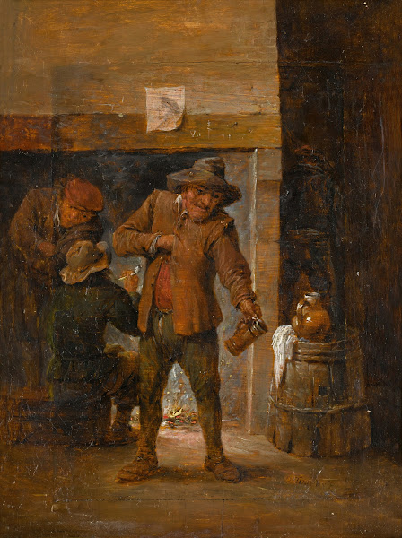 Tavern interior with menat a hearth