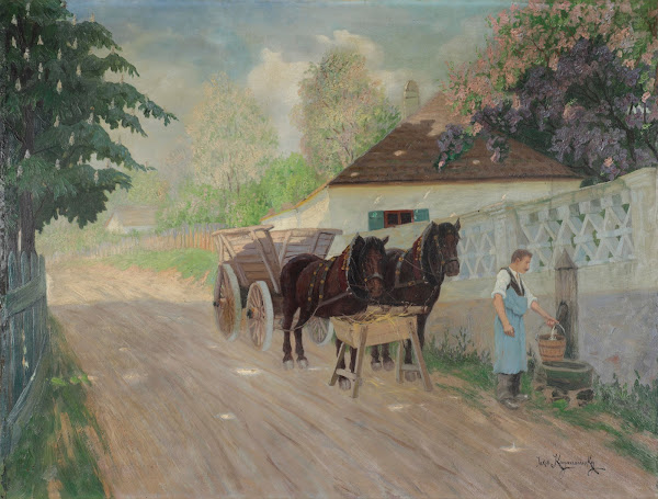 Pferdefuhrwerk bei der Rast
