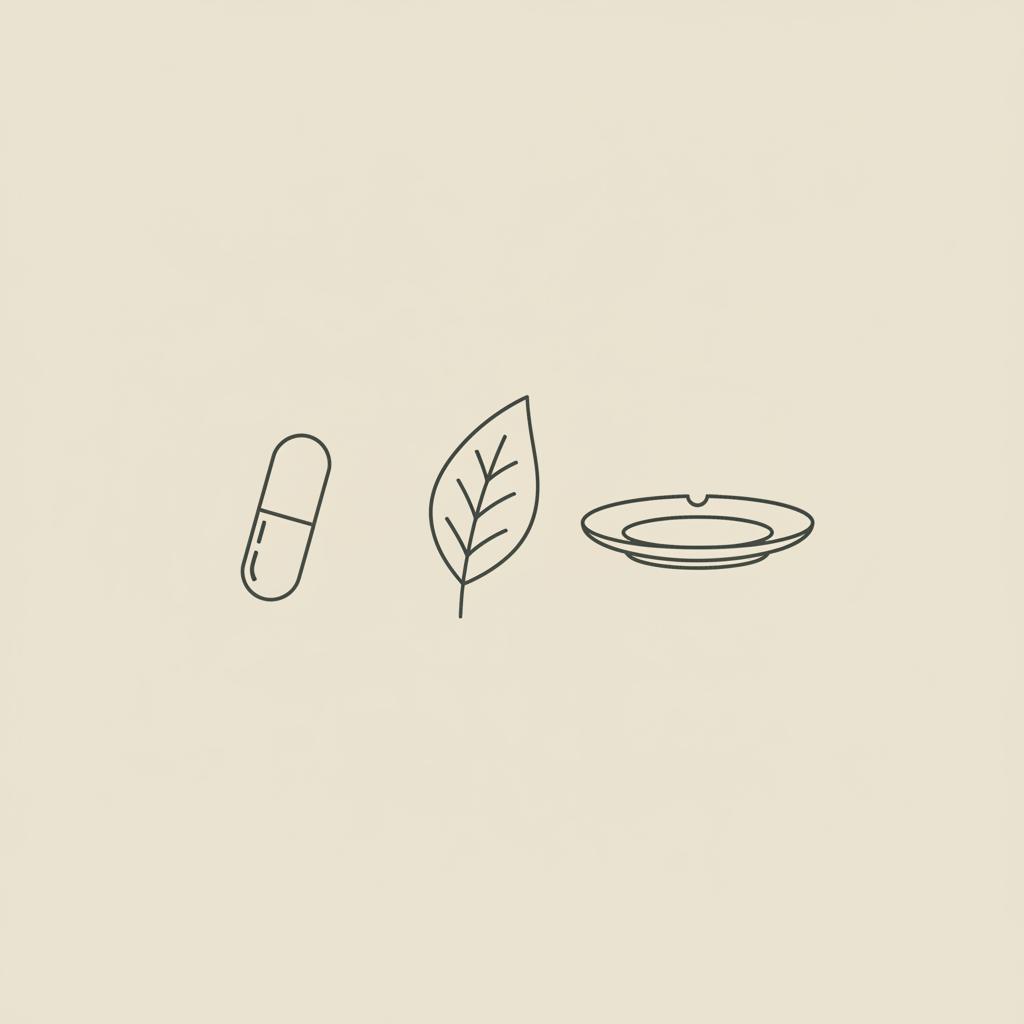 Minimal Tonum-style line-art of a capsule, leaf, and plate on beige background representing chromium picolinate side effects in a nutrition context.