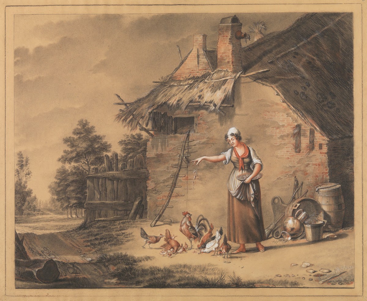 Woman feed chickens 19th century