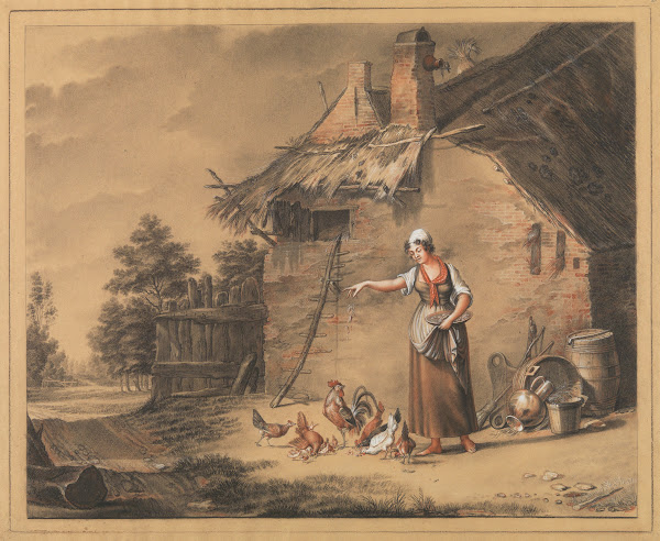 Woman feed chickens 19th century