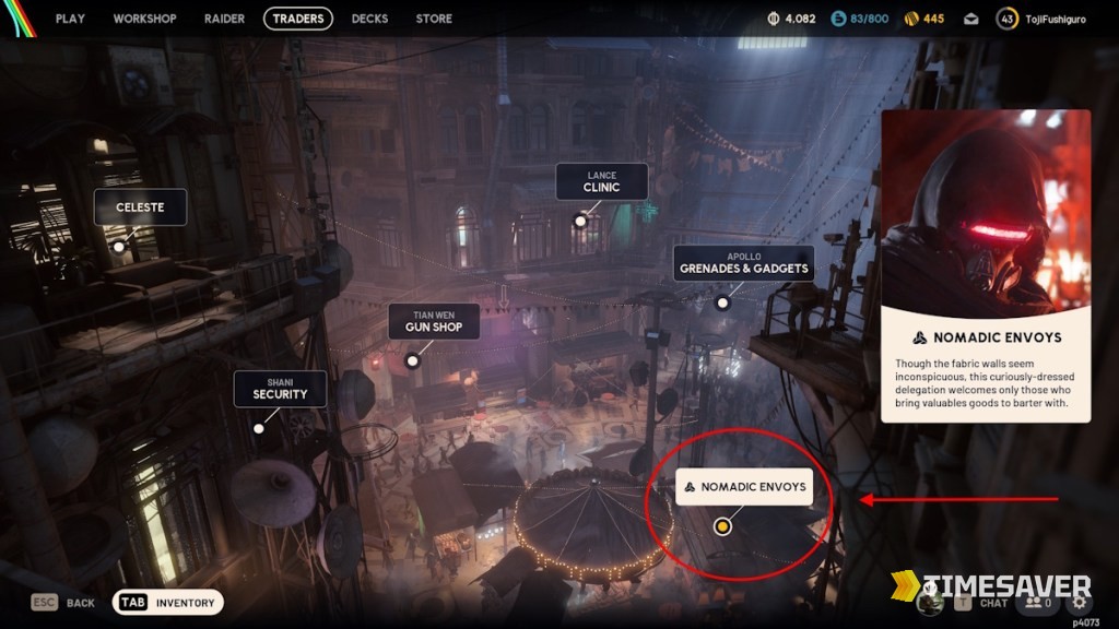 ARC Raiders Traders social hub with the Nomadic Envoys stall location circled, the trader the Forgotten Relics event revolves around