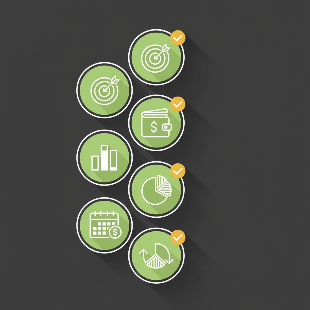 Minimalist vector checklist of five investing steps set goals open account pick index funds automate contributions rebalance in Finance Police color scheme how to earn money from investing