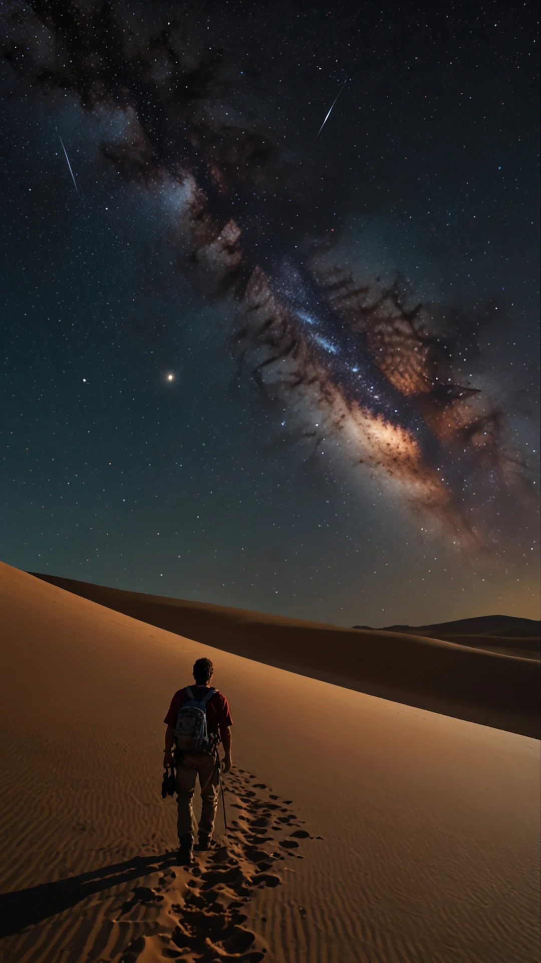 Lone Traveler on Sand Dune Under Spectacular Milky Way Sky - Free 4K mobile Wallpaper