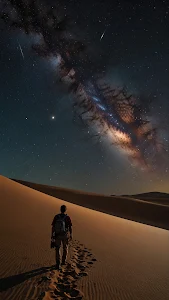 Lone Traveler on Sand Dune Under Spectacular Milky Way Sky