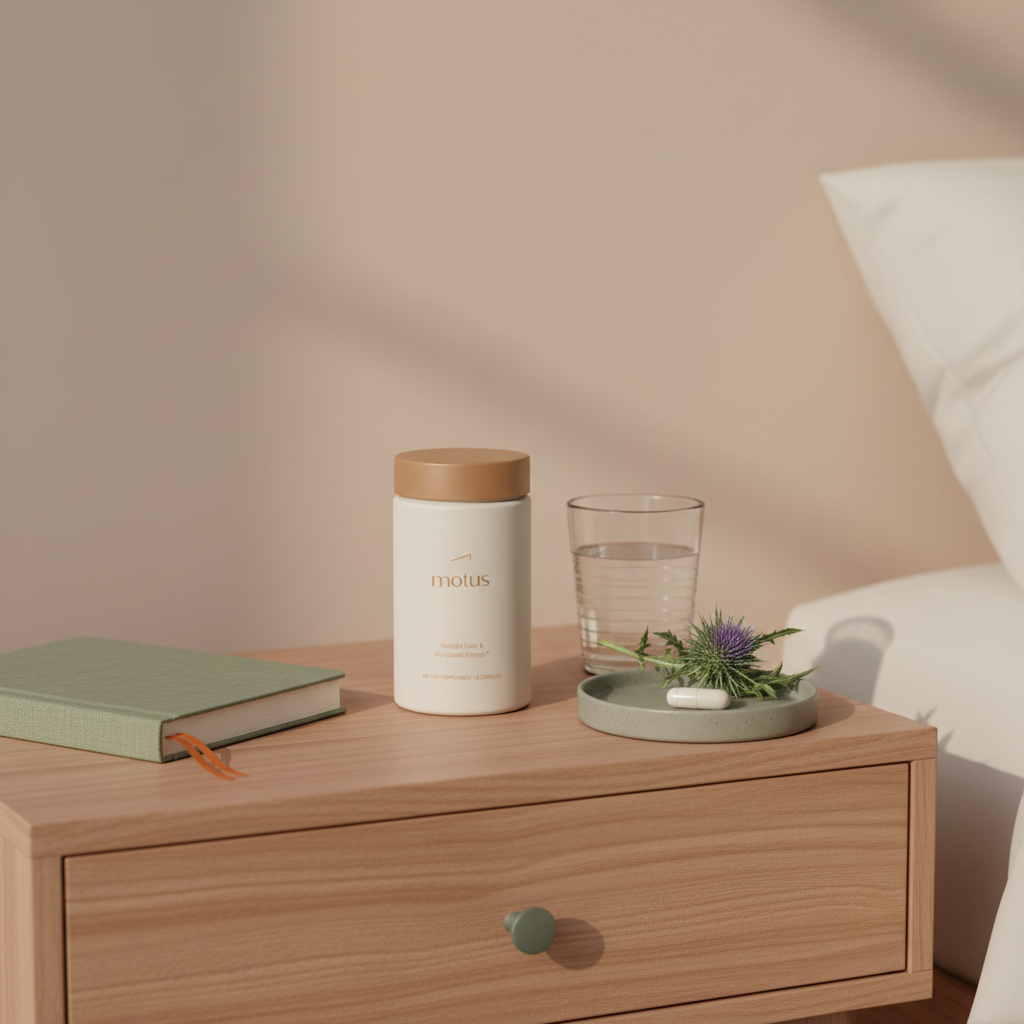 Tonum Nouro bottle on a minimalist bedside table with a journal, glass of water and milk thistle, morning light — visual for brain fog support
