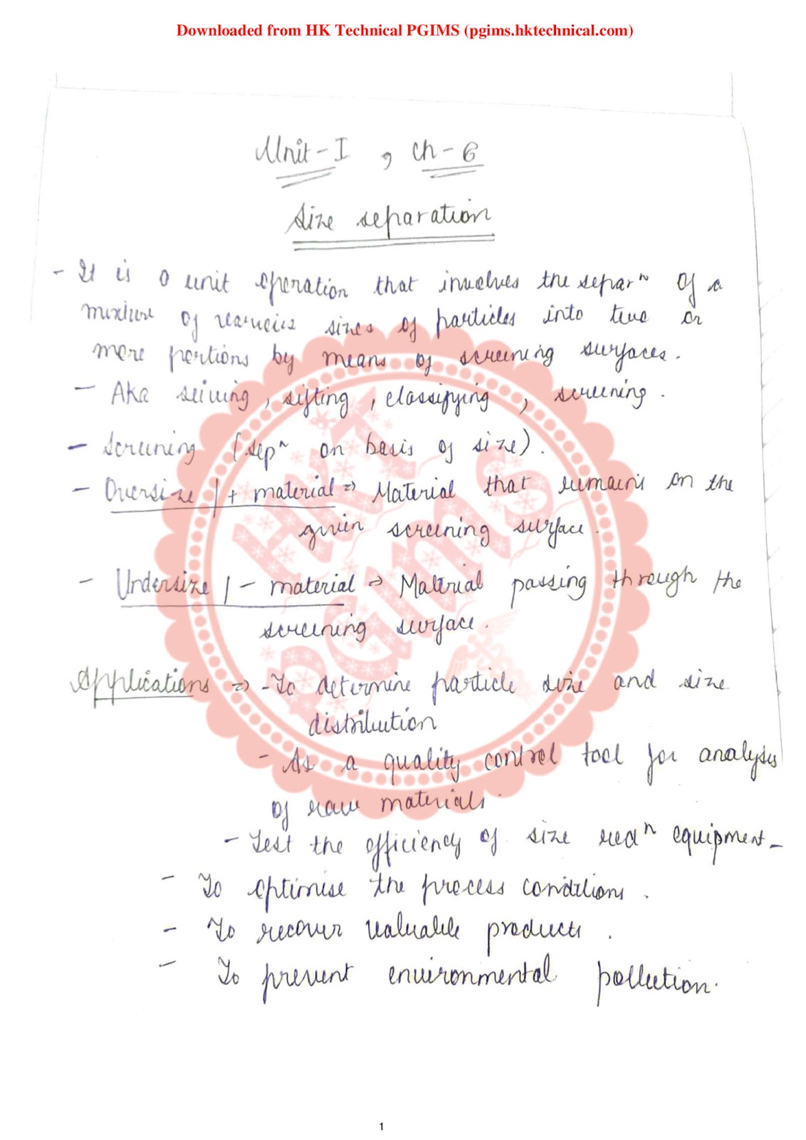 Unit 1 Size separation Ch 8 Pharmaceutical Engineering 3rd Semester B.Pharmacy ,BP304T Pharmaceutical Engineering,BPharmacy,Handwritten Notes,BPharm 3rd Semester,Important Exam Notes,