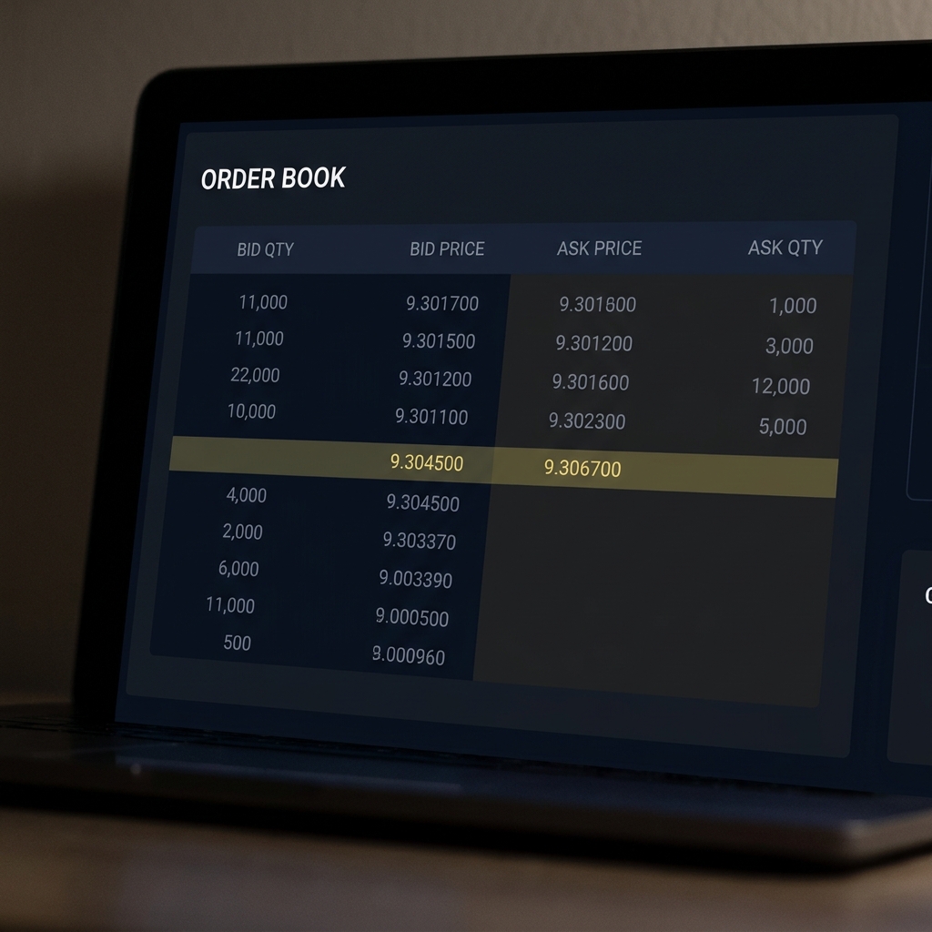 Close up laptop order book showing wide bid ask spread in dim pre market light minimal Funded Plays UI Pre-Game vs Live Trading: Which Fits Your Style