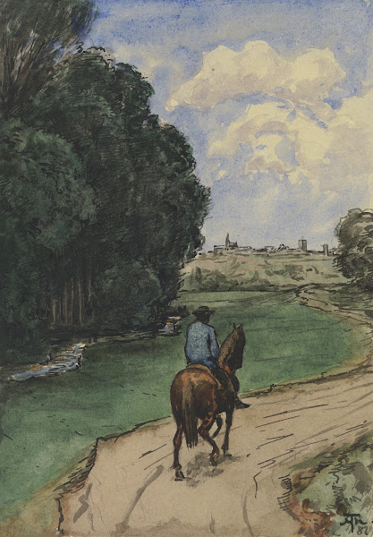 Am Waldesrand Reiter auf einem Wege bildeinwärts 1887