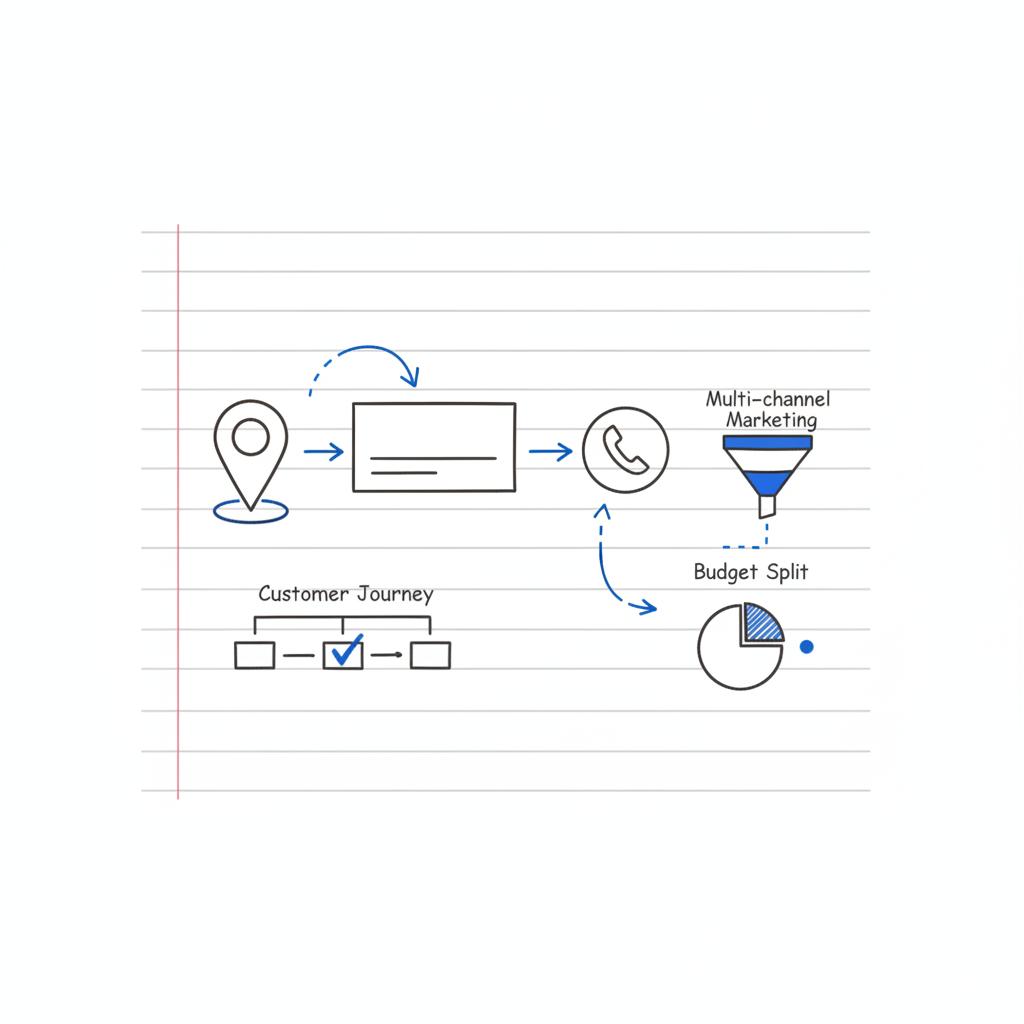 Notebook sketch of a Google My Business map pin, business card outline, and arrows showing calls and directions on a clean white background