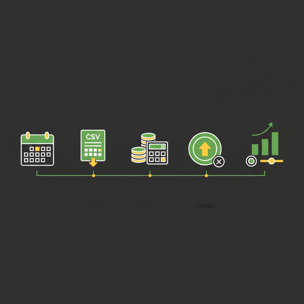 Minimalist 2D vector infographic showing five icon steps to calculate cryptocurrency stocks value from selecting a date to downloading CSV computing BTC multiplying by current price and adjusting for inflation