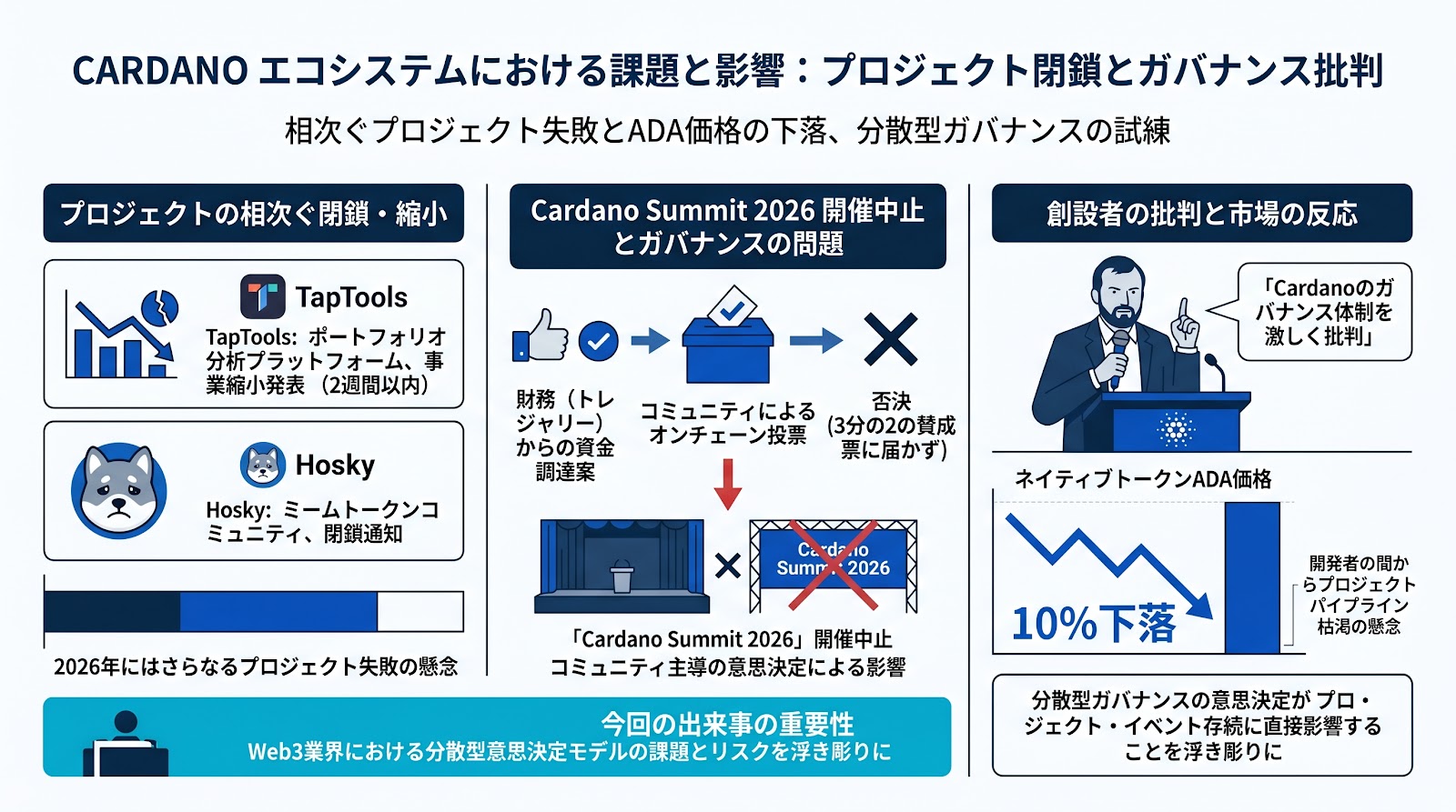 Cardanoでプロジェクト閉鎖の動きが相次ぐ 創設者ホスキンソン氏がガバナンスを批判しADAは10パーセント下落