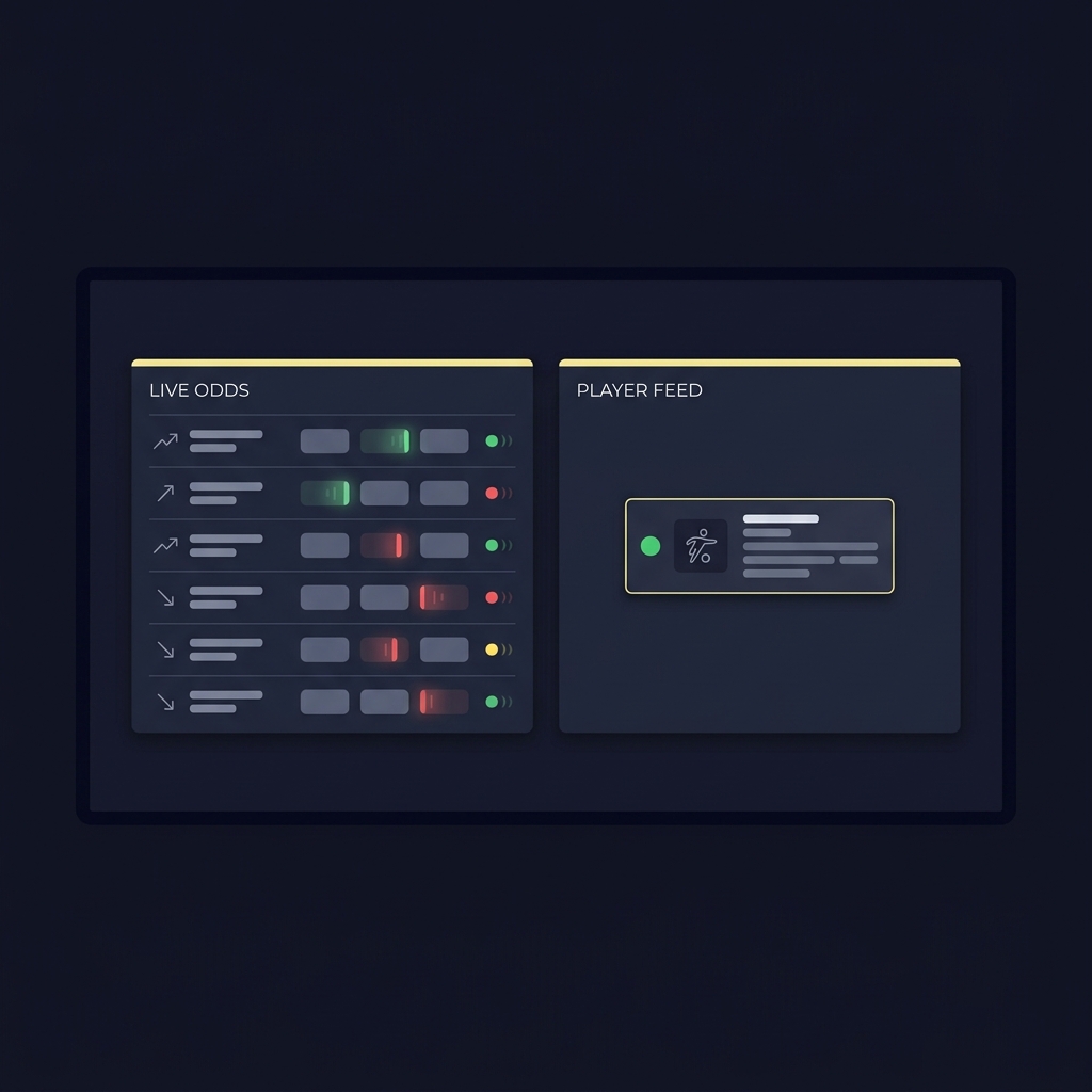 Minimalist 2D vector trading dashboard showing live odds changing in real time beside a single source feed window displaying a player status update Why NBA Injury Reports Move So Quickly