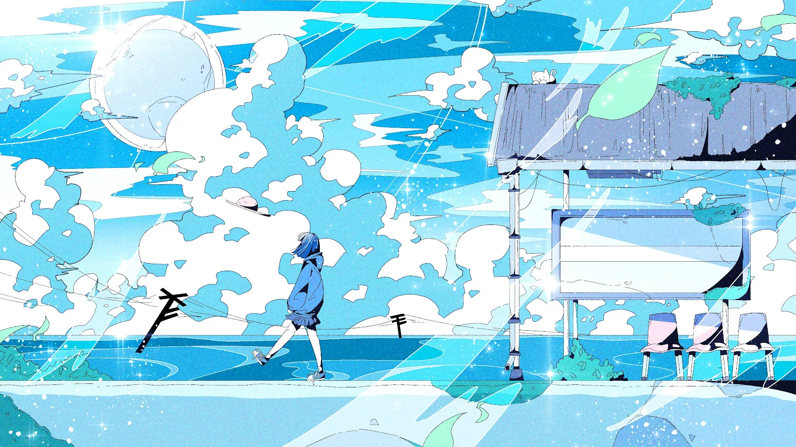 Blue Aesthetic Bus Stop Scene - Anime Digital Illustration 4K Wallpaper (3840x2160)