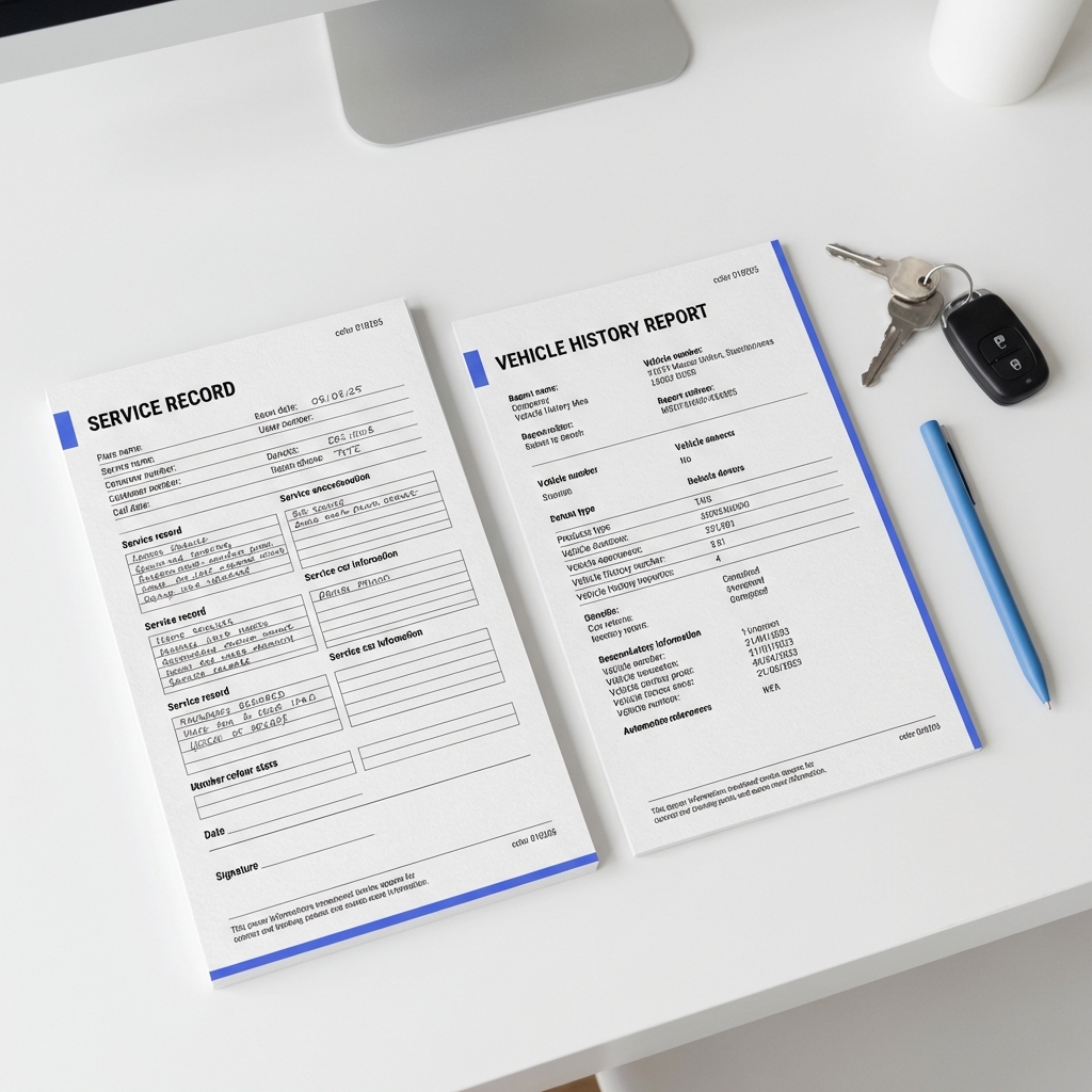 Close up of service record and vehicle history report printout on white desk next to car keys and a blue pen representing porsche cayman for sale