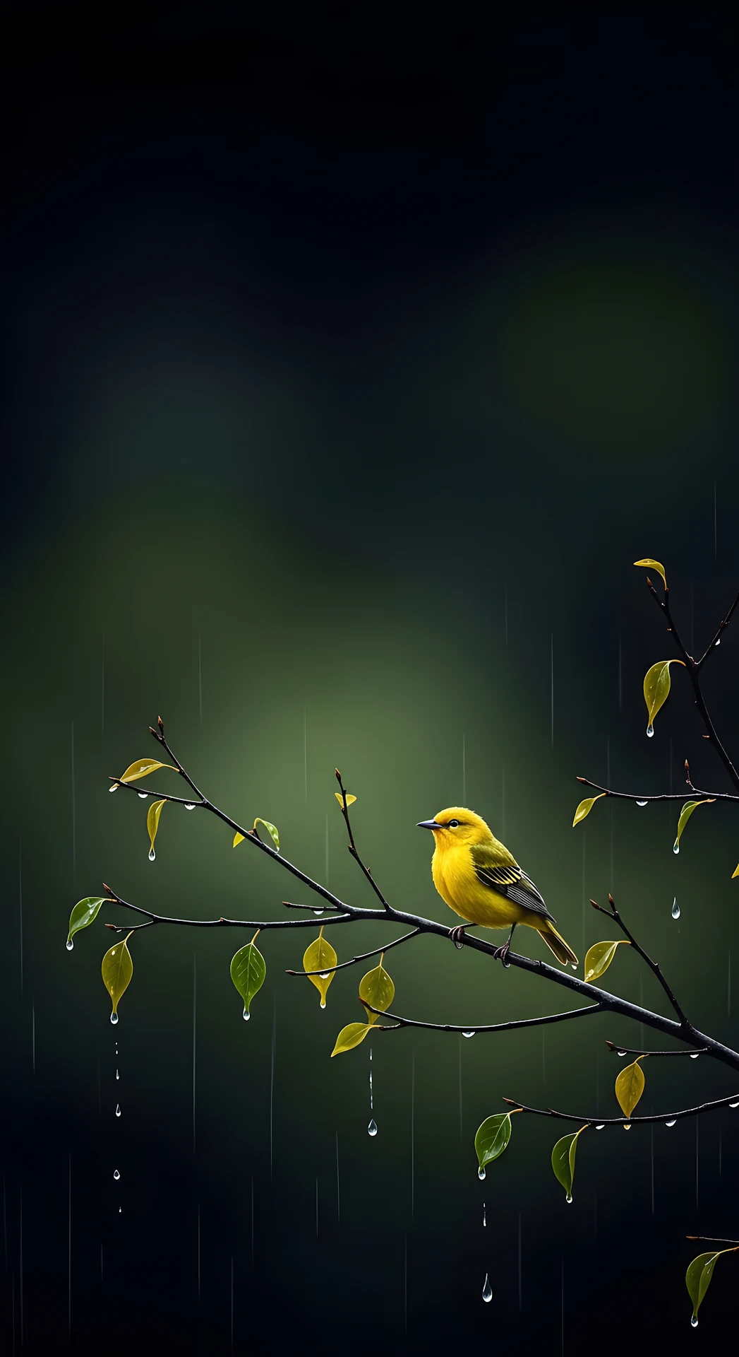 Realistic Illustration of Bright Yellow Bird on Rainy Dark Tree Branch - Free 4K mobile Wallpaper