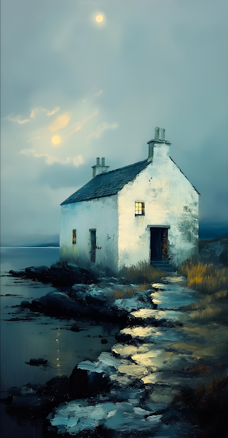 Isolated Coastal Cottage Twilight Painting Art - Free mobile Wallpaper