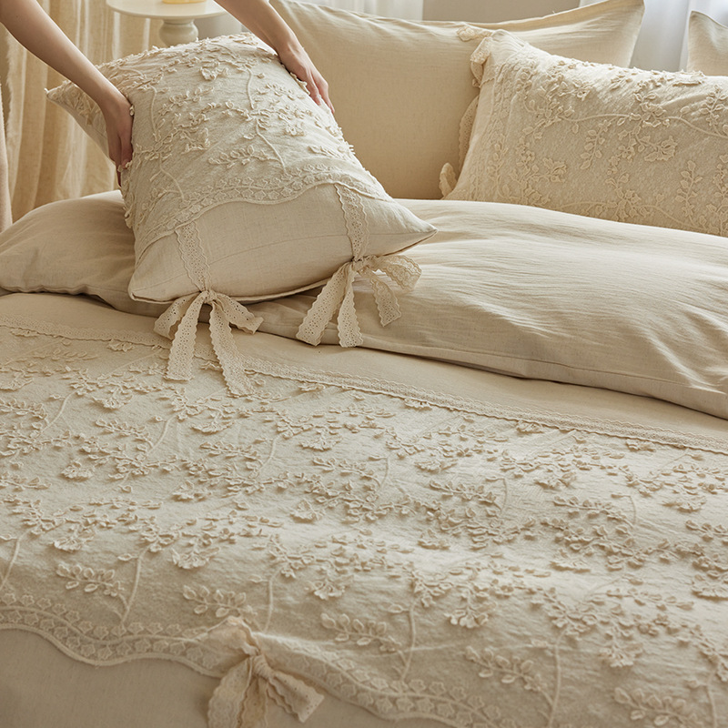 French Cotton Linen Bed Linen Set with Lace Details