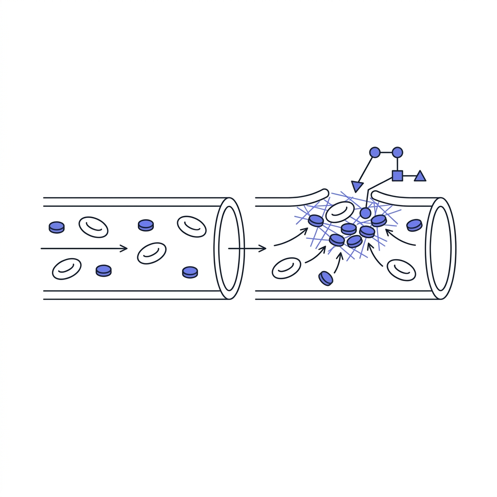 Minimalist 2D vector schematic of vascular and coagulation pathways showing blood vessel cross section platelets fibrin mesh and flow arrows for bpc 157 peptide educational article