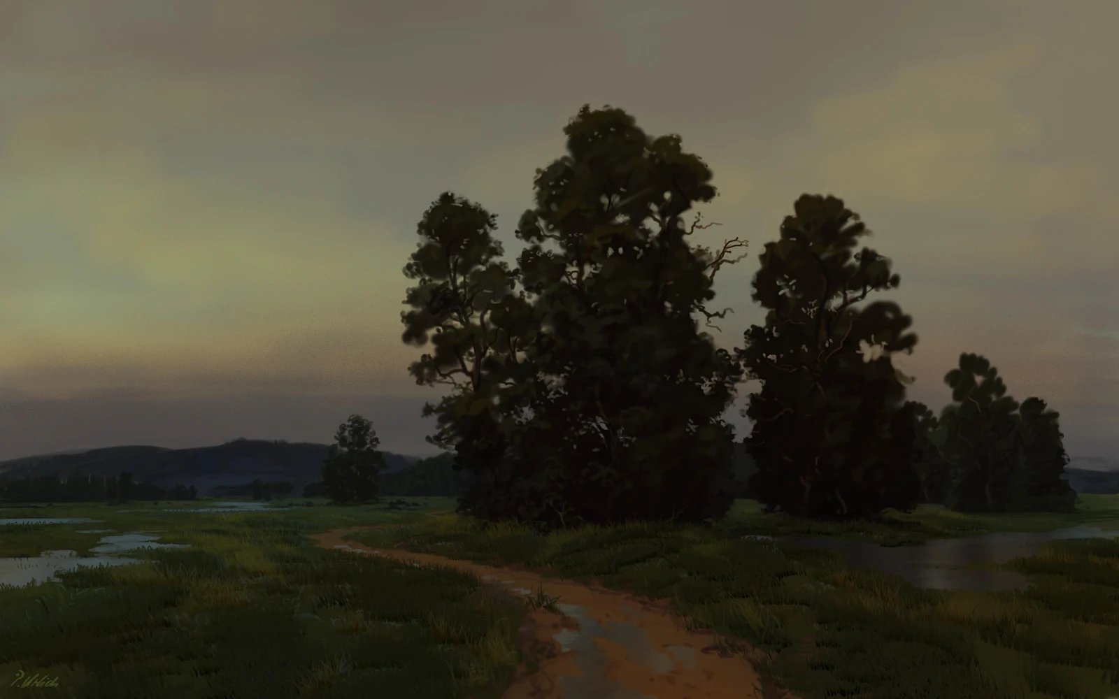 Dusky Dirt Path Near Dark Trees - Digital Landscape Art 4K Wallpaper (3840x2400)