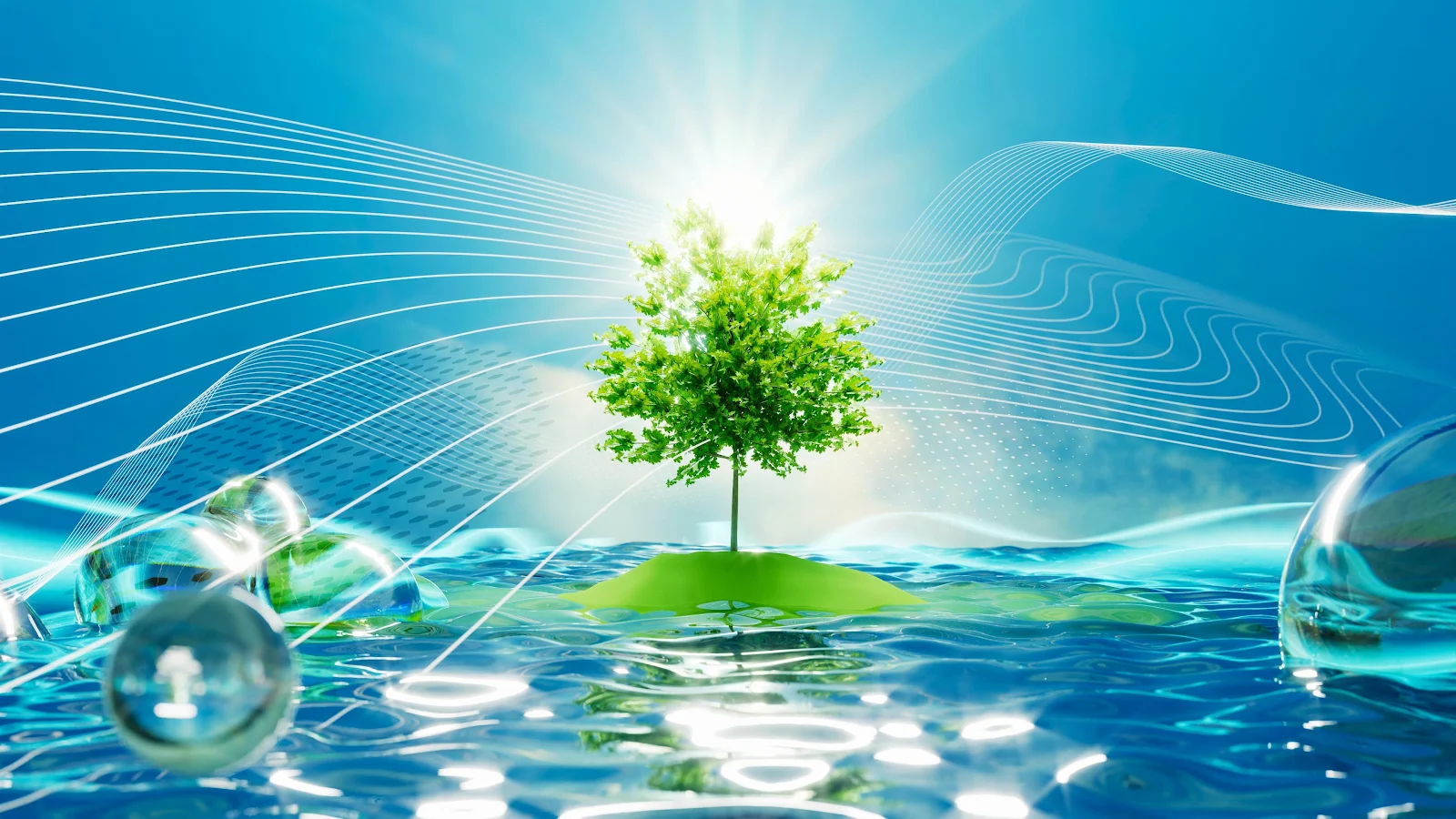 Green Tree on Water Island - 3D Digital Art 4K Wallpaper (3840x2160)