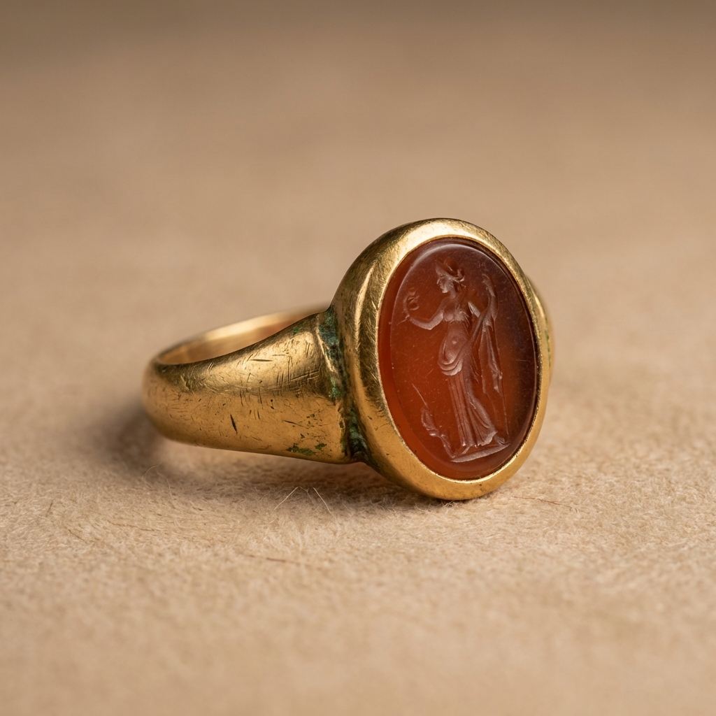Close up macro of Classical period intaglio bezel and gold band showing wear patterns patina and fine tool marks on warm beige background ancient greek wedding bands