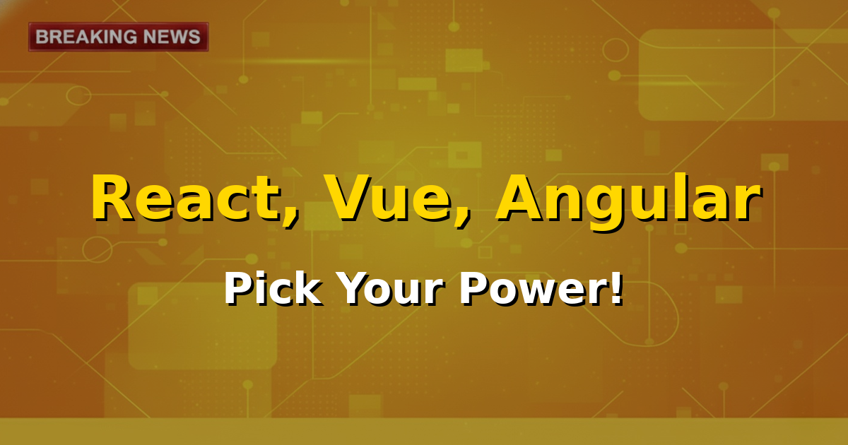Three distinct logos representing React, Vue, and Angular, with a question mark hovering above them, set against a modern, abstract tech background.