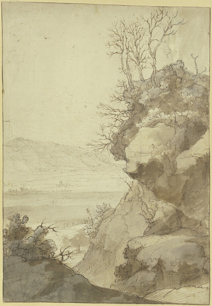 Landschaft rechts eine große Felspartie mit dürren Bäumen