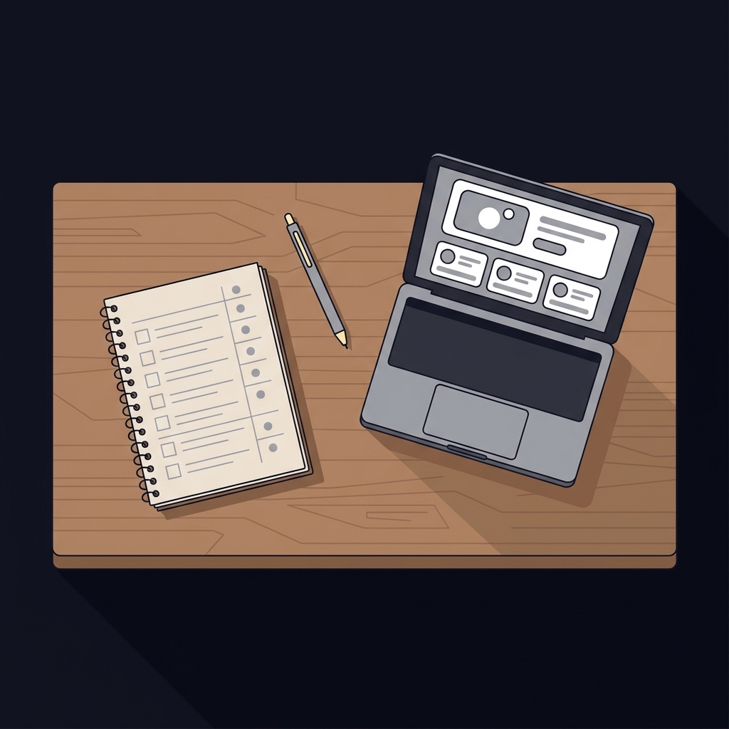 Overhead 2D vector of a decision log notebook and a laptop showing a promotions page on a wooden desk minimal composition circa sportsbook promo
