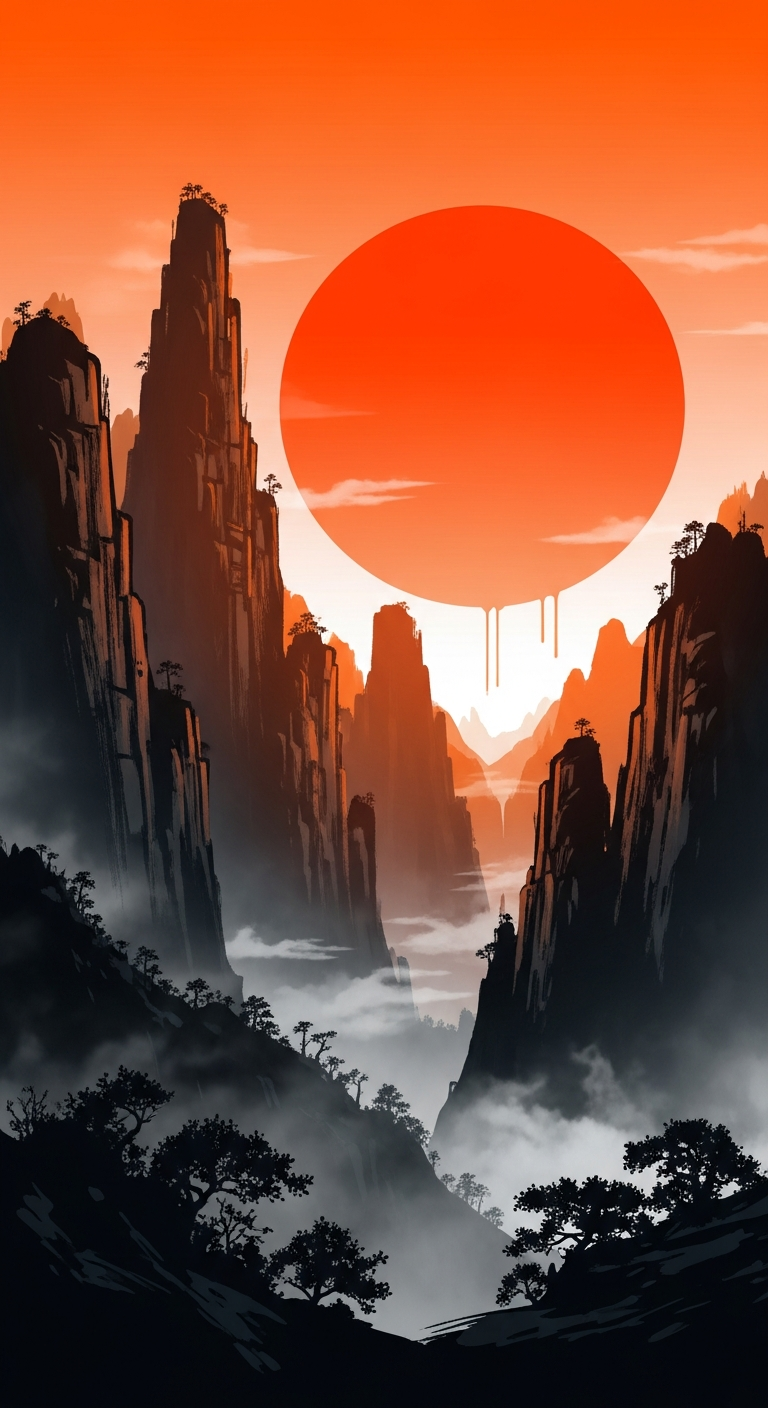 Dramatic Abstract Asian Landscape with Vertical Cliffs and Massive Orange Sun Art - Free 4K mobile Wallpaper