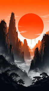 Dramatic Abstract Asian Landscape with Vertical Cliffs and Massive Orange Sun Art